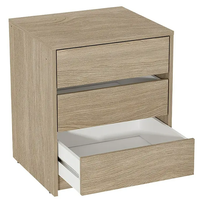 Finsa Organiza-T Cajonera - L x An x Al: 42 x 47 x 55,5 cm, Plástico, Roble - Esta imagen muestra una moderna cómoda con efecto madera con tres cajones, el inferior abierto que revela interiores blancos.