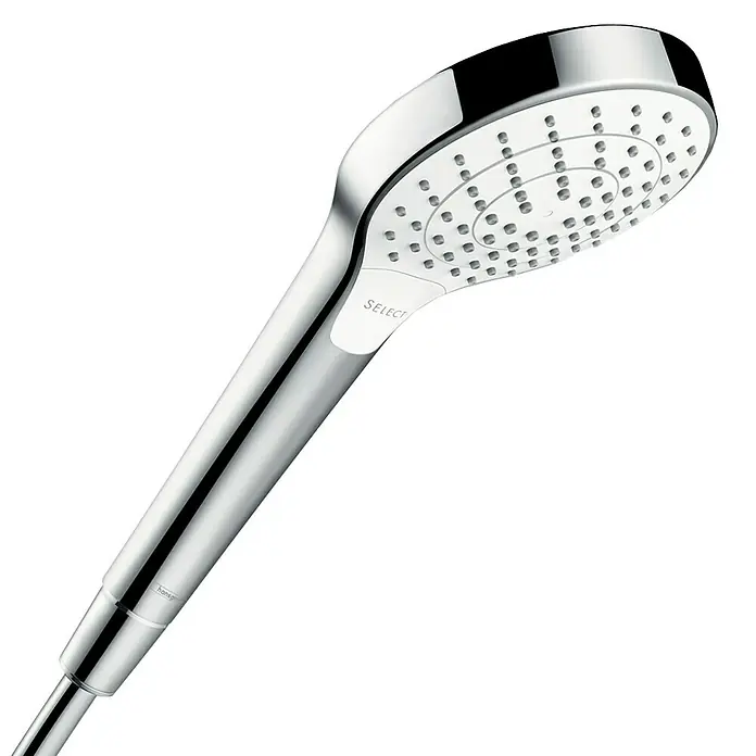 Hansgrohe Handbrause Croma Select S Vario - Anzahl Funktionen: 3 Stk., Durchmesser: 11 cm, Weiß/Chrom - Nahaufnahme eines glänzenden Hansgrohe Select Handbrausekopfes mit mehreren Sprühstrahloptionen auf schwarzem Hintergrund.