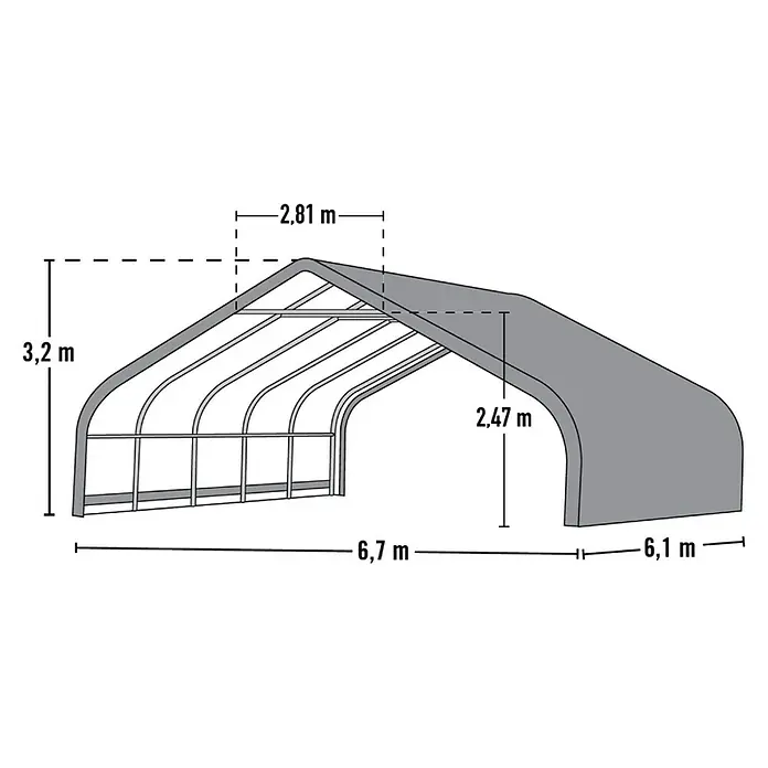 ShelterLogic Garage - Außenmaß inkl. Dachüberstand (B x T): 670 x 610 cm, Kunststoff, Grün - Bild einer Hallenkonstruktion mit den Maßen 3,2 m Höhe, 6,7 m Länge, 6,1 m Breite, 2,81 m Dachbreite und 2,47 m Höhe der Seite.