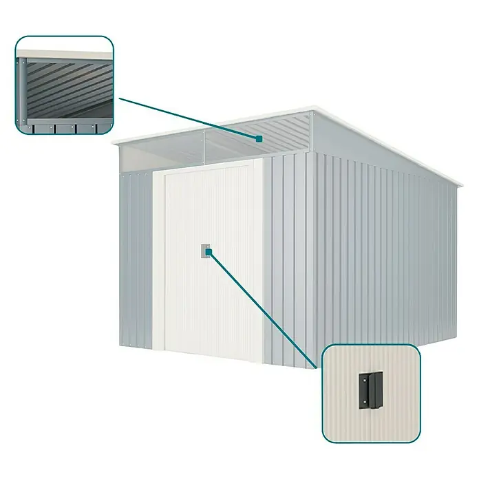Hoggar Gerätehaus Slevik - Außenmaß inkl. Dachüberstand (B x T): 238 x 279 cm, Anthrazitgrau, Stahl, Grundfläche: 6,6 m² - Abbildung eines Metallgartenhauses mit Schiebedach zur Lagerung von Gartengeräten oder als Werkstatt im Freien.