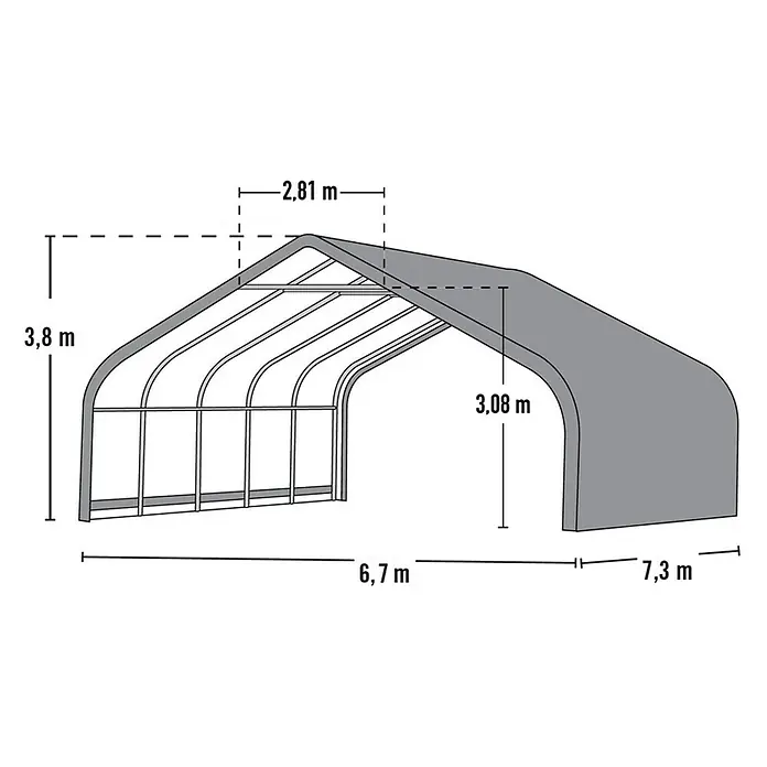 ShelterLogic Garage - 730 x 680 x 380 cm, Stahl - Ansicht eines Lagerzelts mit Maßangaben. Das Zelt hat eine Höhe von 3,8 m, eine Breite von 2,81 m und eine Länge von 6,7 m + 7,3 m.