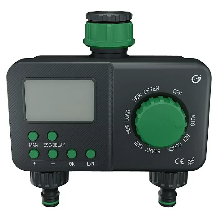 Grimsholm Green Bewässerungscomputer LCD - Bewässerungsdauer: 1 min - 360 min, ½″ - Dunkelgrauer und grüner programmierbarer Gartenbewässerungscomputer aus Kunststoff mit LCD, Knöpfen und zwei Schlauchanschlüssen.