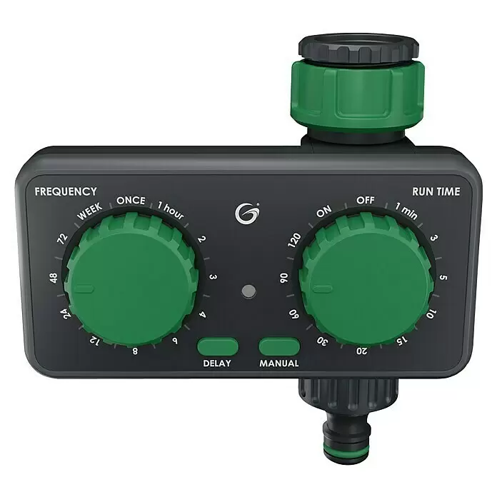 Grimsholm Green Bewässerungsuhr Classic - Bewässerungsdauer: 1 min - 120 min, ½″ - Dunkelgrauer und grüner Bewässerungstimer mit zwei großen Einstellrädern für Frequenz und Laufzeit sowie zwei Bedientasten.