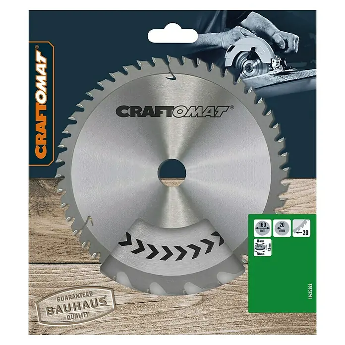 Craftomat Kreissägeblatt HM - 160 mm, Bohrung: 16 mm - 20 mm, Anzahl Zähne: 20 Stk. - Bild einer CRAFTOMAT Kreissäge, ideal für präzise Schnitte. Durchmesser 160mm, Bohrung 20mm.
