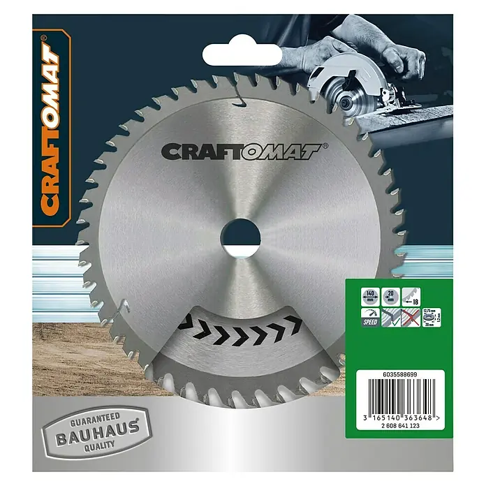 Craftomat Kreissägeblatt HM - 140 mm, Bohrung: 20 mm, Anzahl Zähne: 18 Stk. - Nahaufnahme eines CRAFTOMAT Sägeblatts mit Spezifikationen und Bauhaus Qualitätsgarantie für präzise Schnitte.