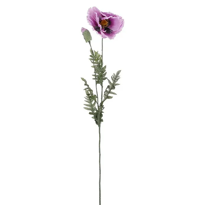 Flor artificial Amapola - Lila, Plástico - Elegante flor de amapola artificial lila con hojas delicadas y brote en un tallo largo, perfecta para decoraciones.