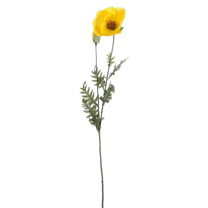 Flor artificial Amapola - Amarillo, Plástico - Flor de amapola amarilla individual con tallo y hojas verdes sobre un fondo negro. Una decoración elegante y vibrante.