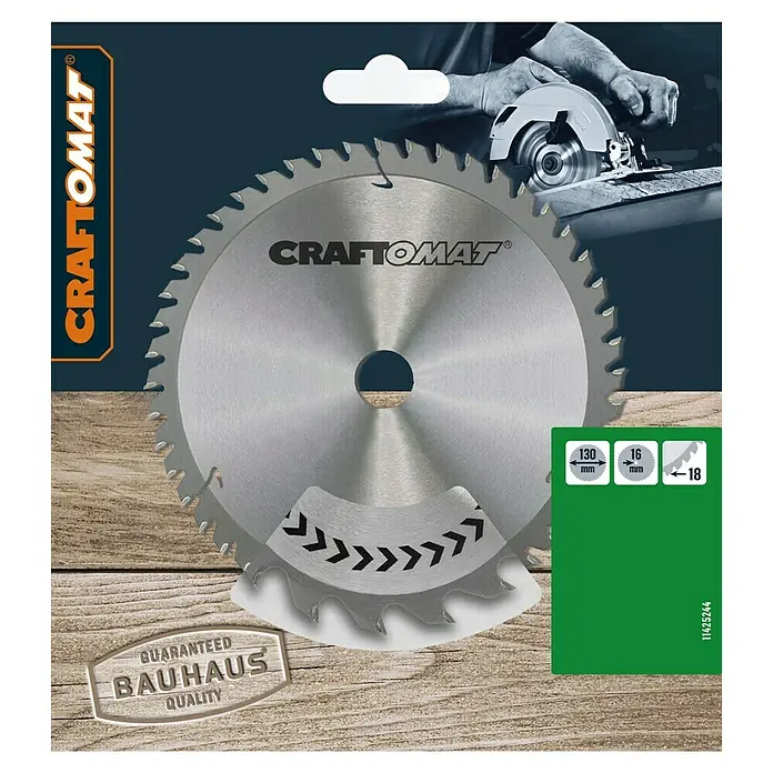 Craftomat Kreissägeblatt HM - 130 mm, Bohrung: 16 mm, Anzahl Zähne: 18 Stk. - Abbildung einer CRAFTOMAT Kreissägeblatt-Verpackung.