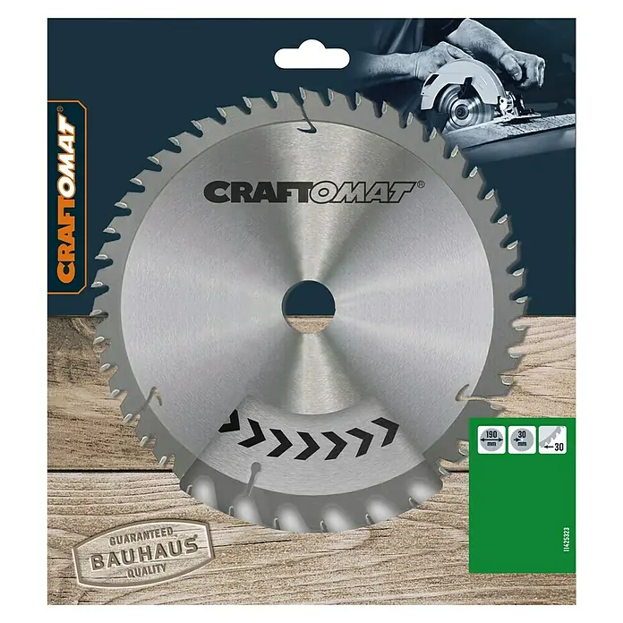 Craftomat Kreissägeblatt HM - 190 mm, Bohrung: 30 mm, Anzahl Zähne: 30 Stk. - Nahaufnahme des Craftomat-Kreissägeblatts, ideal zum präzisen Schneiden von Holz mit Kreissägen. Durchmesser: 190 mm.
