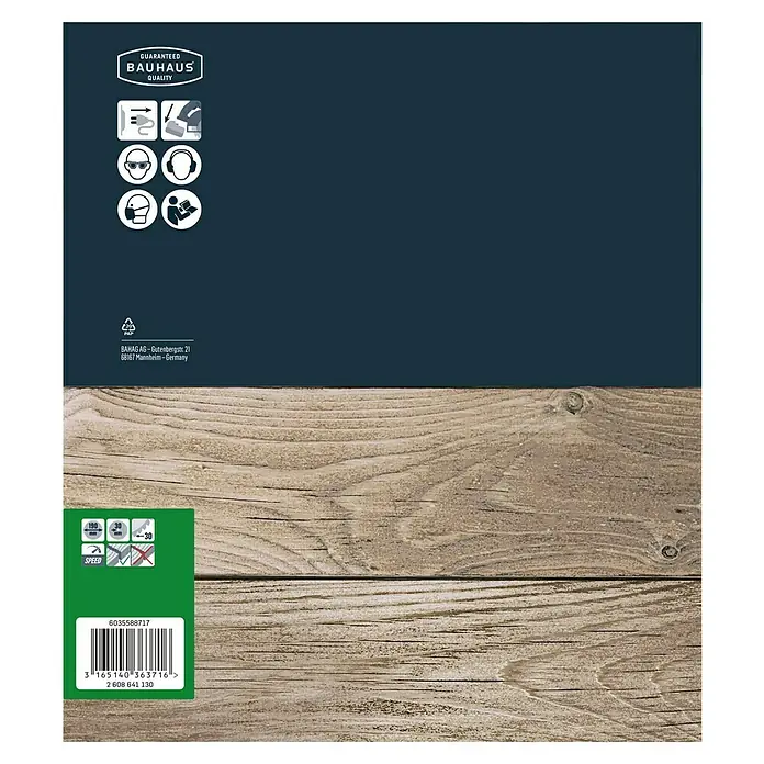 Craftomat Kreissägeblatt HM - 190 mm, Bohrung: 30 mm, Anzahl Zähne: 30 Stk. - Produktverpackung mit Bauhaus-Qualitätssiegel, Schutzsymbolen, Größenangaben und Barcode für ein Holzbearbeitungsprodukt.