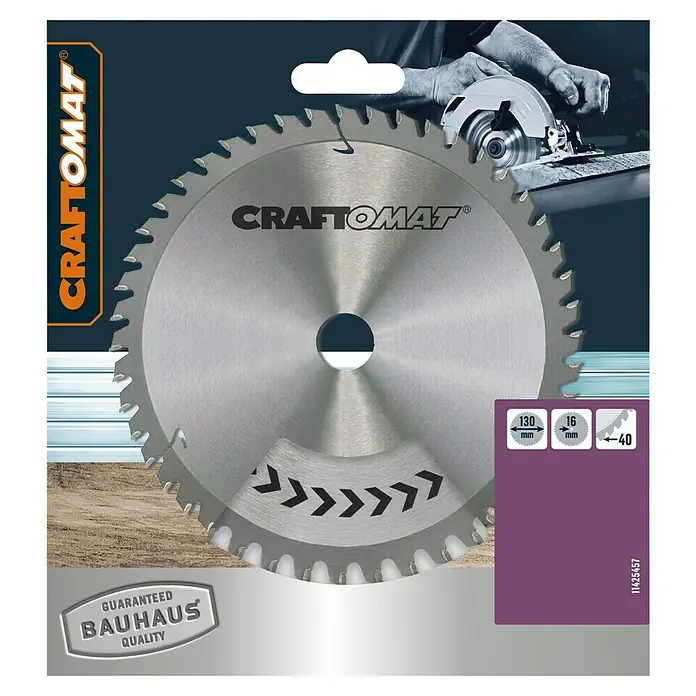 Craftomat Kreissägeblatt HM Alu - 130 mm, Bohrung: 16 mm, Anzahl Zähne: 40 Stk. - Das Craftomat Sägeblatt mit 130 mm Durchmesser und 40 Zähnen für saubere Schnitte in Holz und ähnlichen Materialien.