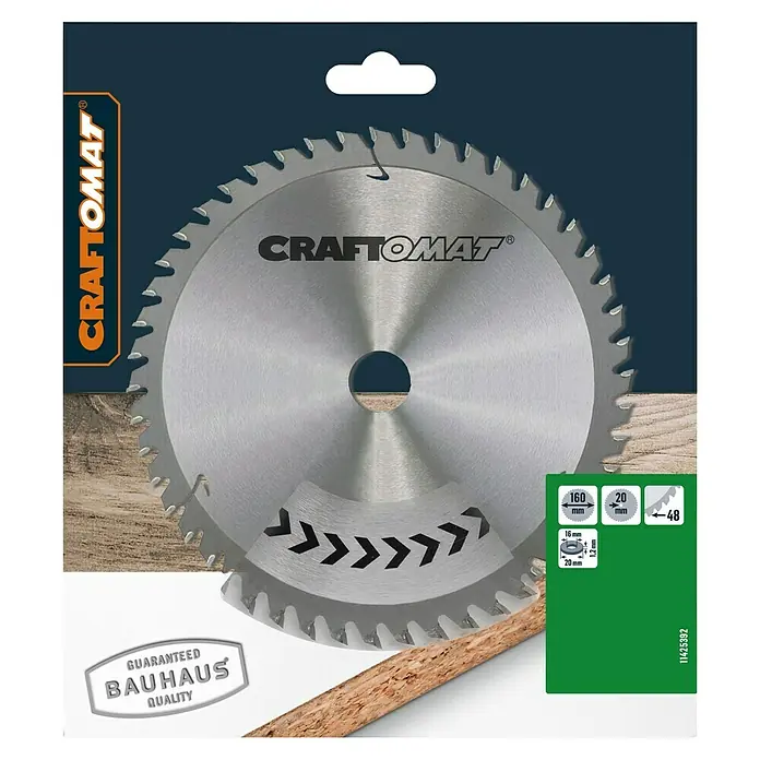 Craftomat Kreissägeblatt HM - 160 mm, Bohrung: 16 mm - 20 mm, Anzahl Zähne: 48 Stk. - Das Bild zeigt ein Craftomat Kreissägeblatt mit 160 mm Durchmesser, geeignet für Holzarbeiten und garantiert Bauhaus-Qualität.