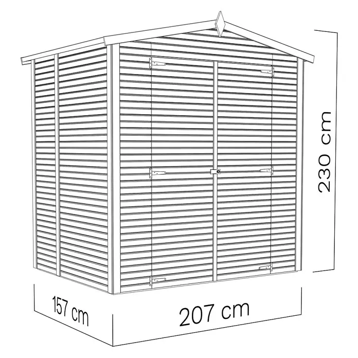 Bertilo Gerätehaus Apex 2 - Außenmaß inkl. Dachüberstand (B x T): 226 x 169 cm, Holz, Natur - Abbildung eines Gartenhauses mit den Maßen 230 cm Höhe, 207 cm Breite und 157 cm Tiefe.