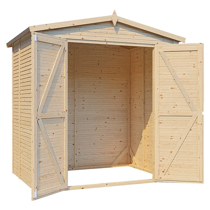 Bertilo Gerätehaus Apex 2 - Außenmaß inkl. Dachüberstand (B x T): 226 x 169 cm, Holz, Natur - Ein geräumiges, unbehandeltes Holzgartenhaus mit weit geöffneten Doppeltüren bietet großzügigen Stauraum im Freien.