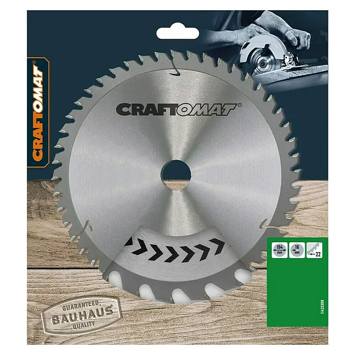 Craftomat Kreissägeblatt HM - 184 mm, Bohrung: 16 mm, Anzahl Zähne: 22 Stk. - Abgebildet ist ein Kreissägeblatt von Craftomat, ideal für präzise Holzarbeiten. Seine robuste Bauweise verspricht Langlebigkeit und zuverlässige Leistung.