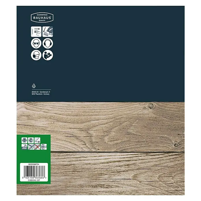Craftomat Kreissägeblatt HM - 180 mm, Bohrung: 16 mm - 20 mm, Anzahl Zähne: 22 Stk. - Eine Produktverpackung von Bauhaus mit Sicherheitsvorkehrungen, Drehzahl, Größenangaben und einem Barcode für eine einfache Identifizierung.