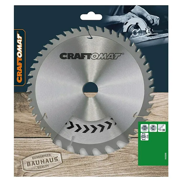 Craftomat Kreissägeblatt HM - 190 mm, Bohrung: 16 mm - 20 mm, Anzahl Zähne: 30 Stk. - Nahaufnahme eines CRAFTOMAT Kreissägeblatts, ideal zum präzisen Schneiden von Holzwerkstoffen mit einer sauberen Schnittkante.