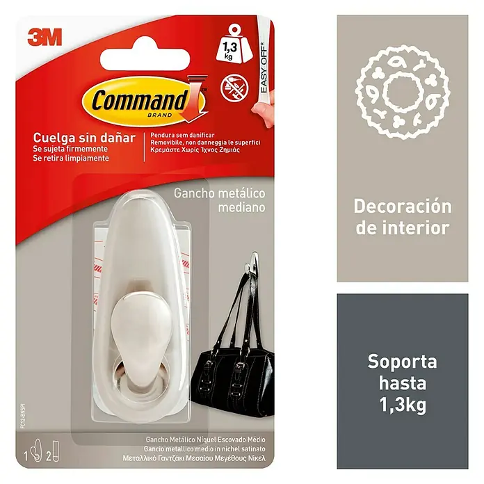 3M Command Colgador adhesivo FC12-BN - Metal, Níquel - Gancho Command para fijar en paredes, ideal para colgar decoraciones y complementos, soporta hasta 1,3 kg.