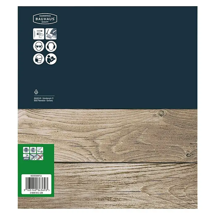 Craftomat Kreissägeblatt HM - 184 mm, Bohrung: 16 mm, Anzahl Zähne: 22 Stk. - Eine Produktverpackung mit Qualitätsgarantie von Bauhaus, die Sicherheitsausrüstung und technische Details hervorhebt.