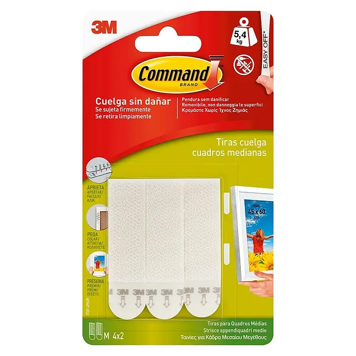 3M Command Cinta engomada 17201 - Blanco - Tiras adhesivas Command de 3M para colgar cuadros medianos, para colgar cuadros sin dañar la pared, hasta 5,4 kg.