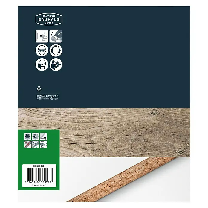 Craftomat Disco de sierra HM - 160 mm, Diámetro interior de la hoja de sierra: 16 mm - 20 mm, Número de dientes: 48 ud. - Embalaje del producto con garantía de calidad Bauhaus, precauciones de seguridad, información del fabricante, código de barras y especificaciones del producto.