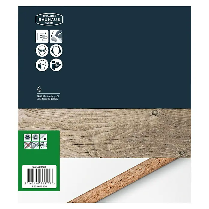Craftomat Kreissägeblatt HM - 150 mm, Bohrung: 16 mm - 20 mm, Anzahl Zähne: 48 Stk. - Produktverpackung mit Bauhaus-Qualitätssiegel, Hinweisen zu Sicherheit und Abmessungen sowie Barcode.