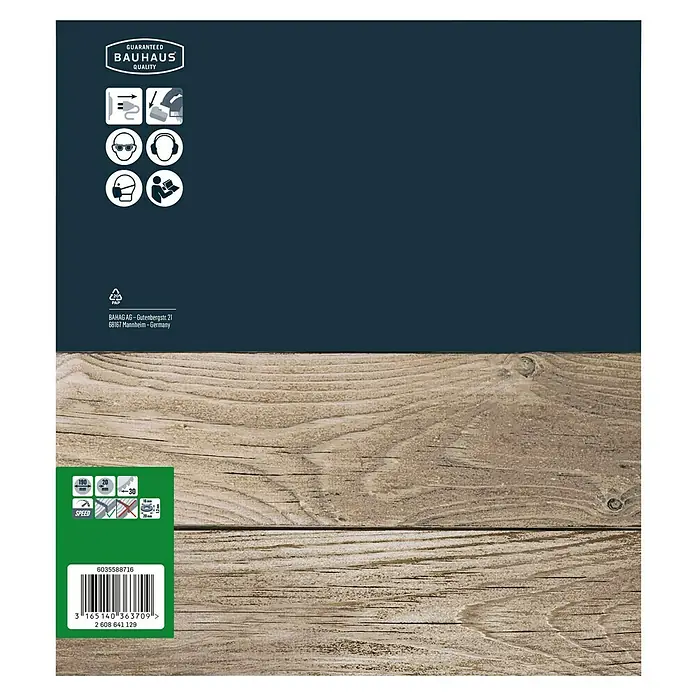 Craftomat Kreissägeblatt HM - 190 mm, Bohrung: 16 mm - 20 mm, Anzahl Zähne: 30 Stk. - Produktverpackung von Bauhaus mit Abbildungen, die die Produkteigenschaften und Sicherheitsvorkehrungen zeigen.