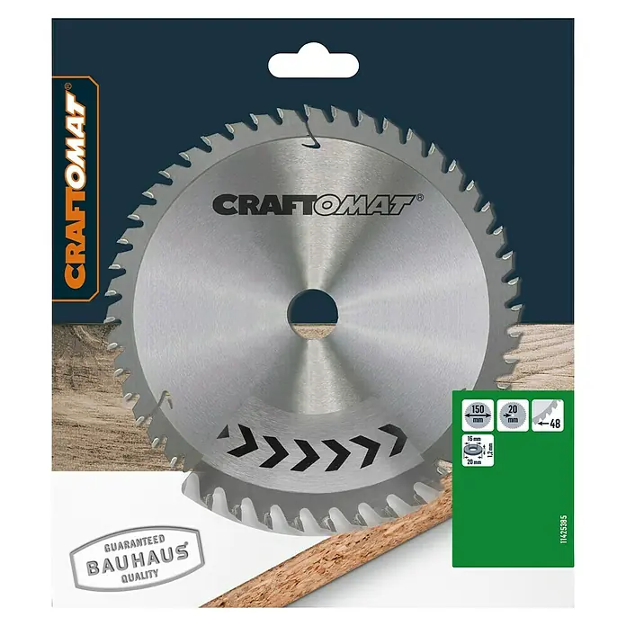 Craftomat Kreissägeblatt HM - 150 mm, Bohrung: 16 mm - 20 mm, Anzahl Zähne: 48 Stk. - Kreissägeblatt von Craftomat, 150 mm Durchmesser, 20 mm Bohrung, ideal zum präzisen Sägen von Holzwerkstoffen, garantiert Bauhaus Qualität für beste Ergebnisse.