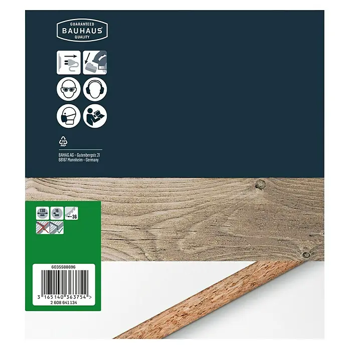 Craftomat Kreissägeblatt HM - 130 mm, Bohrung: 16 mm, Anzahl Zähne: 36 Stk. - Abbildung der Verpackung eines BAUHAUS Qualitätsprodukts, mit Hinweisen zu Eigenschaften und Herstellerinformationen.