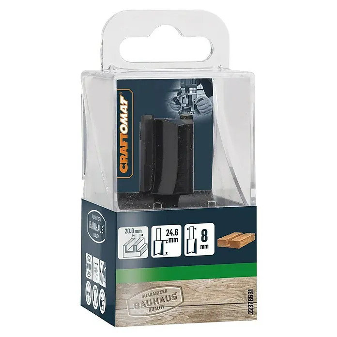 Craftomat Nutfräser - Nutbreite: 20 mm, Durchmesser Schaft: 8 mm - Verpackung einer Craftomat Nutfräser mit den Maßen 20.0 mm, 24.6 mm und 8 mm, garantiert von Bauhaus Qualität.