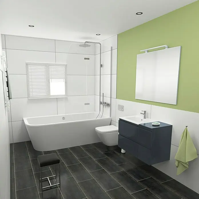 Camargue Espacio Badmöbel-Set i25 - 100 cm, Gama anthrazit glänzend - Ein modernes Badezimmer mit einer freistehenden Badewanne, einem Waschtisch mit Unterschrank und einer grünen Akzentwand.