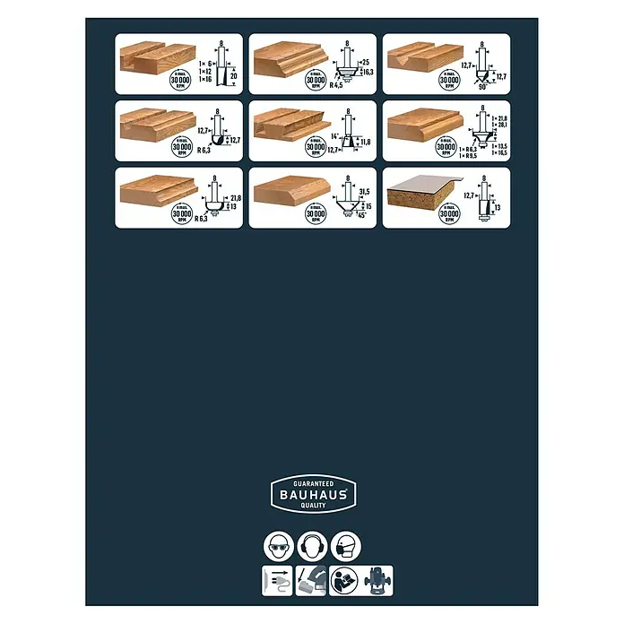 Craftomat Fräser-Set - 12 -tlg., Durchmesser Schaft: 8 mm - Abbildung von verschiedenen Holzfräserprofilen mit Maßangaben für präzise Holzarbeiten und detaillierte Verarbeitung.