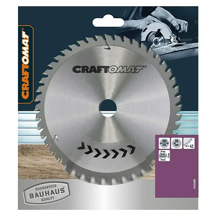 Craftomat Kreissägeblatt HM Alu - 160 mm, Bohrung: 16 mm - 20 mm, Anzahl Zähne: 42 Stk. - Das Bild zeigt eine Craftomat Kreissägeblatt-Verpackung. Es handelt sich um ein hochwertiges Sägeblatt mit 160 mm Durchmesser für präzise Schnitte.