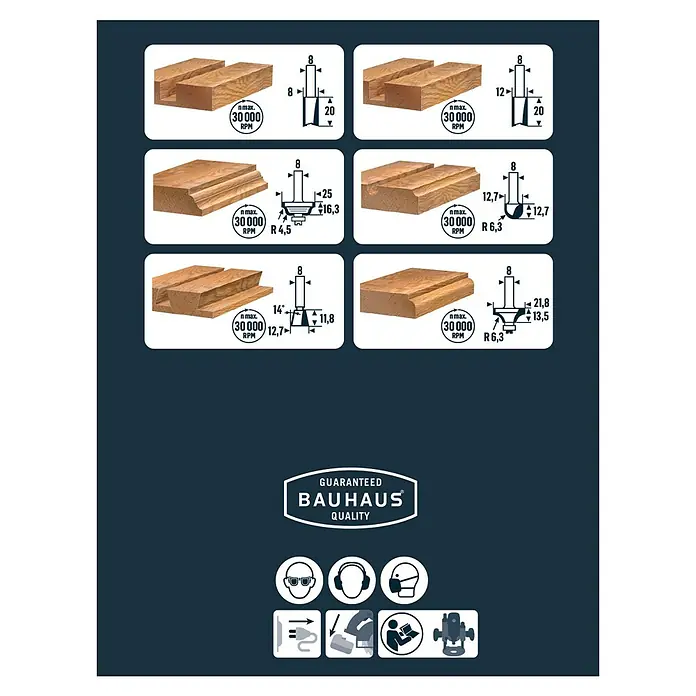 Craftomat Set de fresas - 6 pzs., Diámetro vástago: 8 mm - Ilustración de un juego de brocas de fresadora de calidad Bauhaus con dimensiones detalladas para el trabajo de la madera.