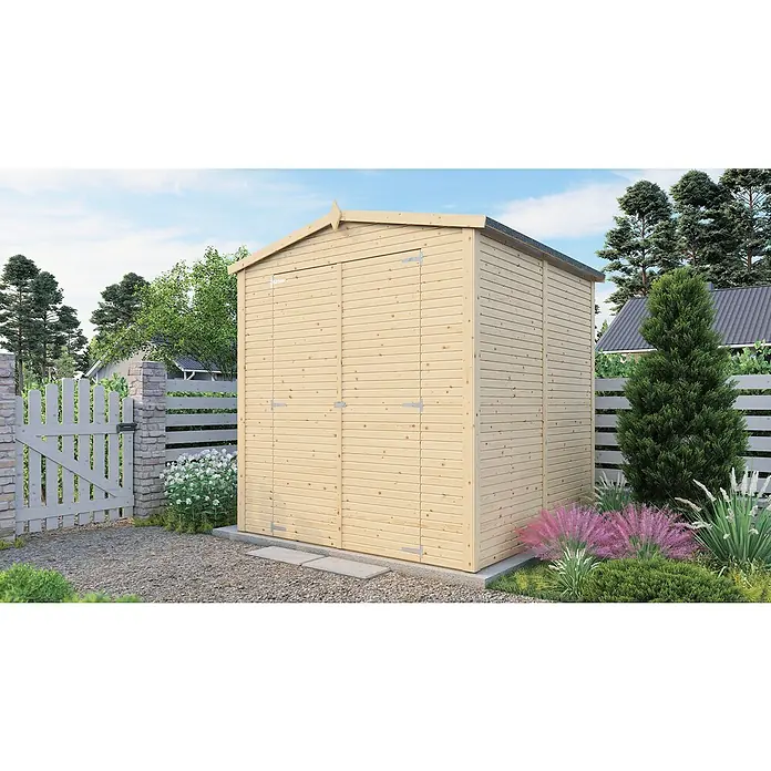 Bertilo Gerätehaus Apex 3 - Außenmaß inkl. Dachüberstand (B x T): 226 x 210 cm, Holz, Natur - Ein hellbraunes Holzgartenhaus mit Doppeltür fügt sich perfekt in die grüne Umgebung ein und bietet Stauraum.