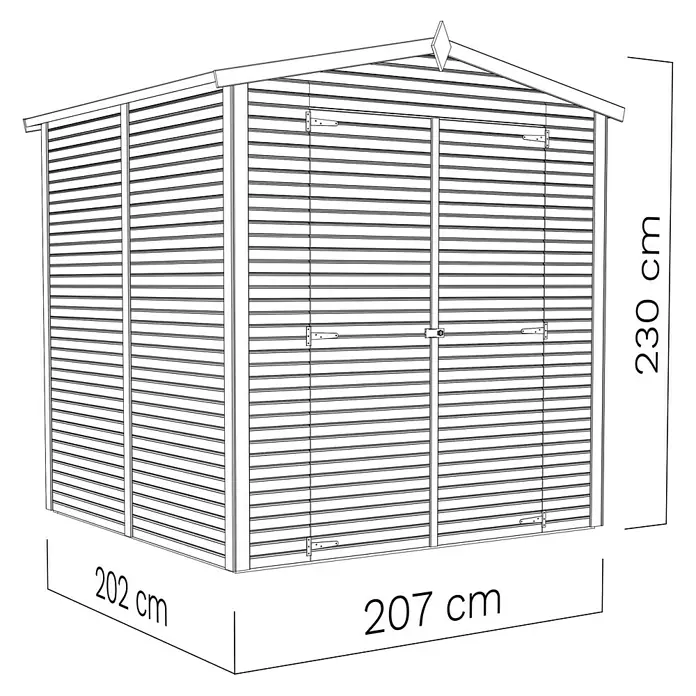 Bertilo Gerätehaus Apex 3 - Außenmaß inkl. Dachüberstand (B x T): 226 x 210 cm, Holz, Natur - Abbildung eines Gartenhauses mit den Maßen 202 cm x 207 cm x 230 cm.