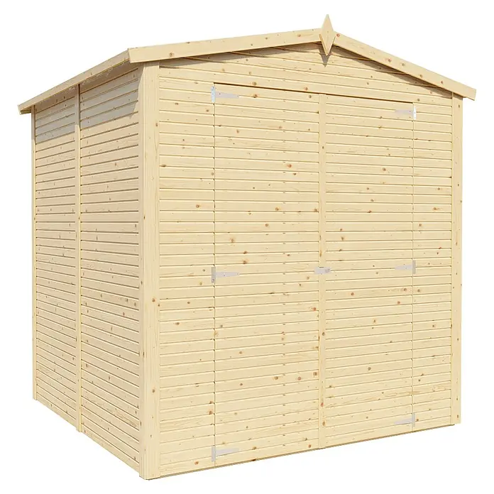 Bertilo Gerätehaus Apex 3 - Außenmaß inkl. Dachüberstand (B x T): 226 x 210 cm, Holz, Natur - Foto eines hellen Holzschuppens mit Doppeltüren und Giebeldach, ideal für Gartengeräte und Lagerung im Freien.