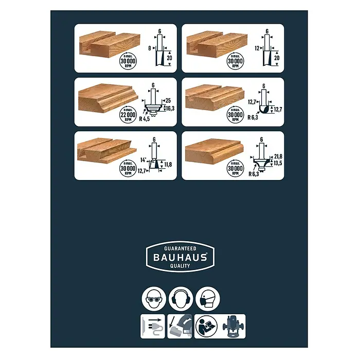 Craftomat Fräser-Set - 6 -tlg., Durchmesser Schaft: 6 mm - Bild von verschiedenen Holzfräsern mit technischen Daten wie Drehzahl und Abmessungen für Holzbearbeitungsprojekte.