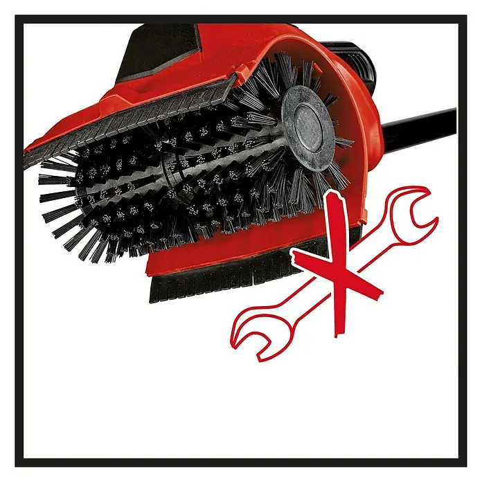 Einhell Power X-Change 18V Akku-Oberflächenbürste Picobella 18/215 - 18 V, Ohne Akku - Ein roter rotierende Bürstenaufsatz, der mit gekreuzten Schraubenschlüsseln dargestellt wird, um zu veranschaulichen, dass keine Werkzeuge benötigt werden.