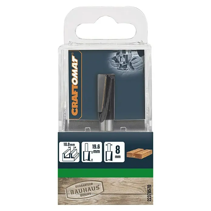 Craftomat Nutfräser - 10 mm, Durchmesser Schaft: 8 mm - Das Bild zeigt einen CRAFTOMAT Nutfräser mit 8 mm Schaft, ideal für präzise Holzarbeiten. Verpackt in einer transparenten Hülle.