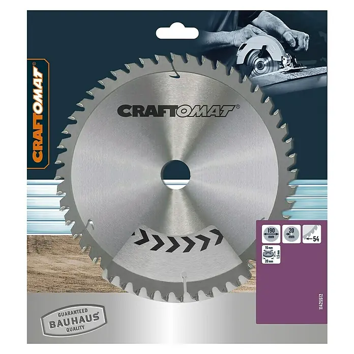Craftomat Kreissägeblatt HM Alu - 190 mm, Bohrung: 16 mm - 20 mm, Anzahl Zähne: 54 Stk. - Kreissägeblatt von Craftomat, Durchmesser 190 mm, geeignet für Holzarbeiten mit Bauhaus-Qualitätsgarantie für präzise Schnitte.