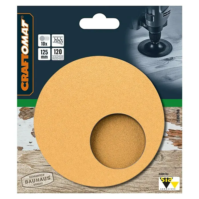 Craftomat Schleifblatt-Set - Durchmesser: 125 mm, 10 Stk., Körnung: 120 - Packung Craftomat Schleifscheiben, 10 Stück, Durchmesser 125 mm, mit Aussparung für Exzenterschleifer, ideal für Holzbearbeitung und Heimwerker.