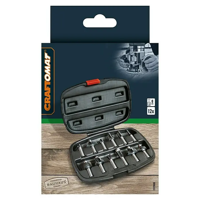 Craftomat Fräser-Set - 12 -tlg., Durchmesser Schaft: 8 mm - Das Bild zeigt ein 12-teiliges Craftomat-Fräser-Set in einem schwarzen Koffer. Ideal für präzise Holzarbeiten und vielfältige Fräsaufgaben.