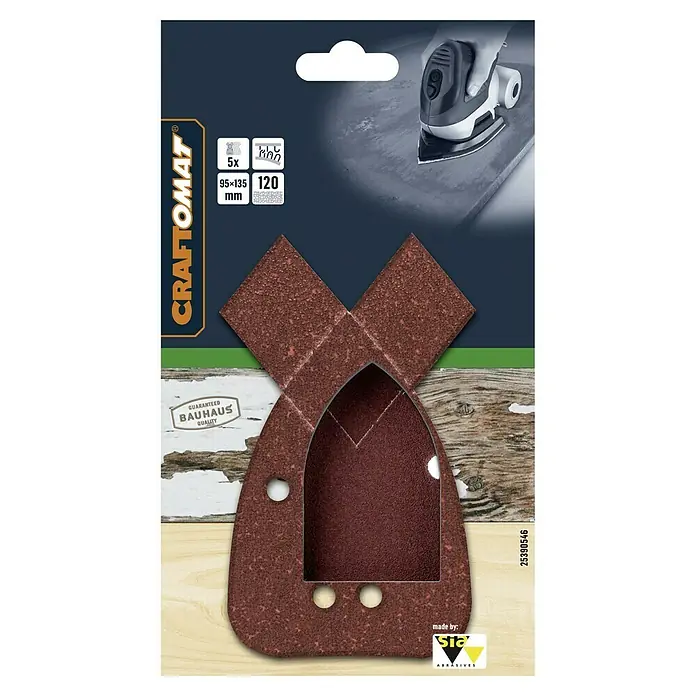 Craftomat Schleifblätter - 100 x 170 mm, Körnung: 120, 5 Stk., Passend für: Black & Decker - Das Bild zeigt eine Packung Craftomat Schleifpapiere in dreieckiger Form, geeignet für Schleifmaschinen, mit einer Körnung von 120 für feine Oberflächen.