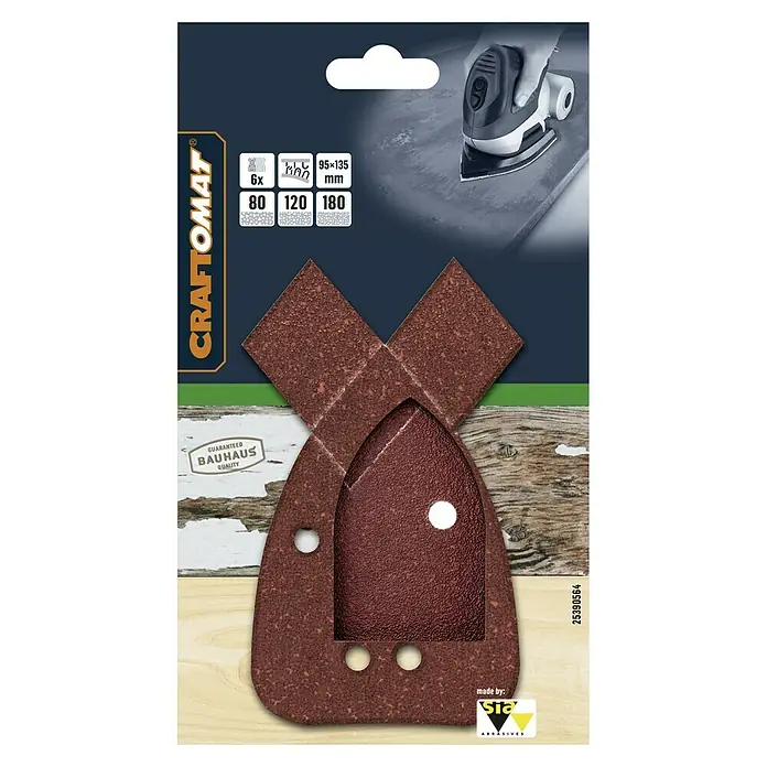 Craftomat Schleifblätter-Set - 6 Stk., Passend für: Black & Decker - Eine Packung Craftomat Schleifblätter mit verschiedenen Körnungen (80, 120, 180) für Dreieckschleifer, ideal für Holzbearbeitung.