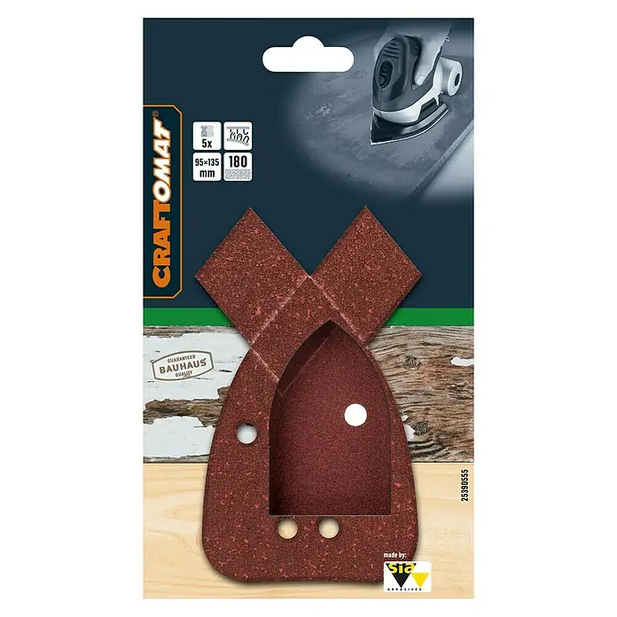 Craftomat Schleifblätter - 100 x 170 mm, Körnung: 180, 5 Stk., Passend für: Black & Decker - Bild einer Packung Craftomat Schleifblätter, 5 Stück, mit den Maßen 95x135 mm und 180 mm Körnung, ideal für Dreieckschleifer.