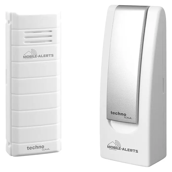 Mobile-Alerts Starter-Set MA10001 - Netzbetrieben, Weiß, Messbereich Temperatur: -29 °C - 59,9 °C - Zwei Techno Line Mobile-Alerts-Sensoren in Weiß, die für die mobile Überwachung von Umgebungsbedingungen entwickelt wurden.