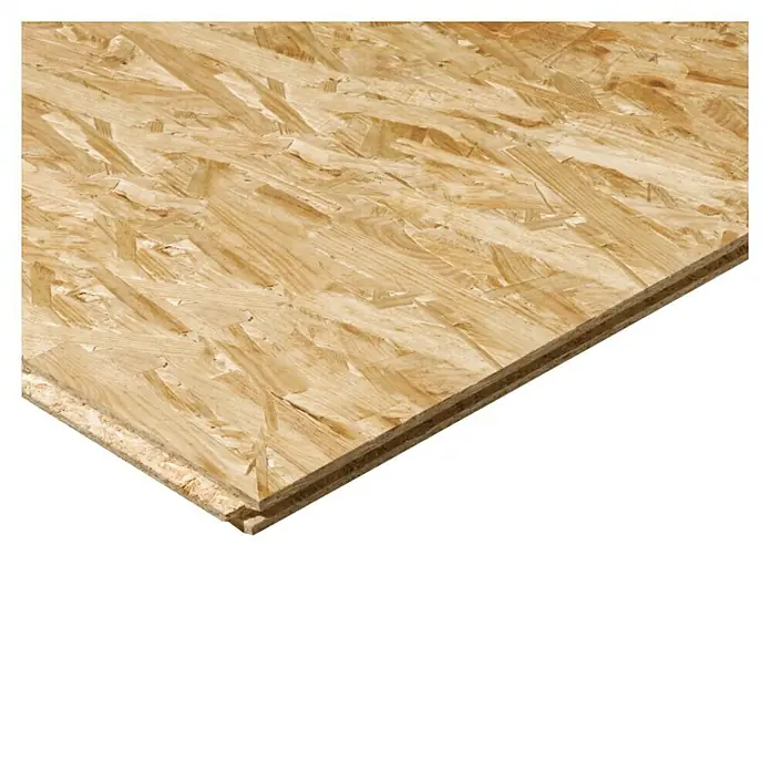 OSB-Verlegeplatte - 2.500 x 675 x 22 mm - Eine OSB-Platte, ideal für Bauprojekte, präsentiert die charakteristische Holzspäne-Textur und robuste Bauweise. Vielseitig einsetzbar und stabil.