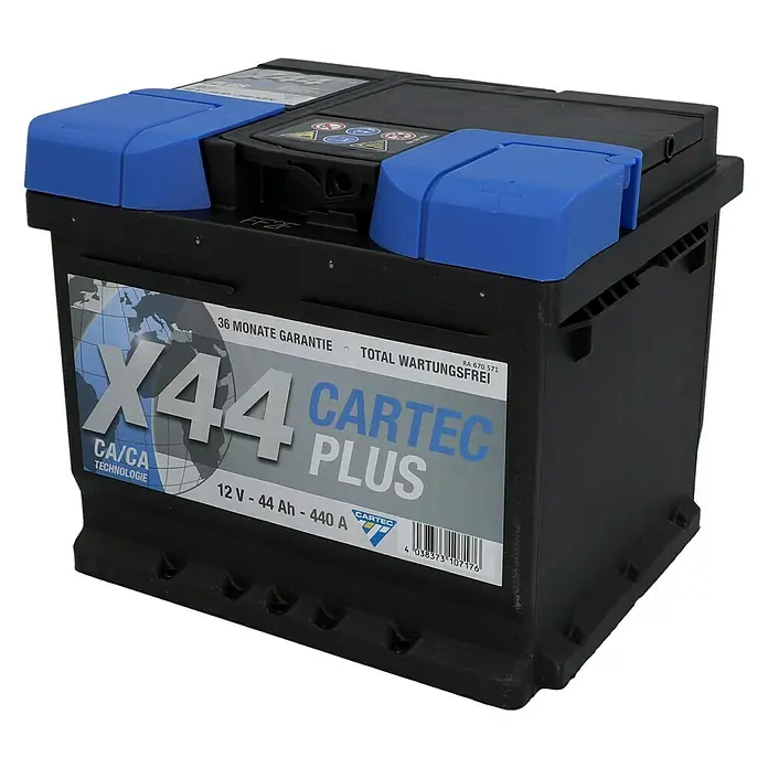 Cartec Autobatterie Plus - Kapazität: 44 Ah, Typ Autobatterie: Blei-Säure - Schwarze Autobatterie der Marke Cartec X44 Plus mit blauen Abdeckungen.