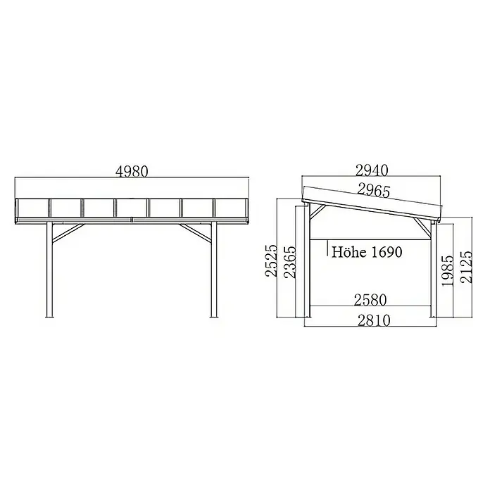 Carport Andy - Medidas ext. (An x Pr): 498 x 294 cm, Carport individual, Antracita - Representación esquemática de una cochera con dimensiones, mostrando la longitud, altura y anchura de la estructura.